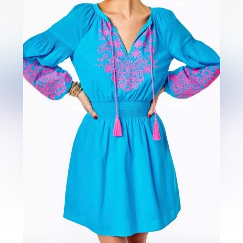 Lilly Pulitzer L Turquoise Midi Dress with Pink Embroidery